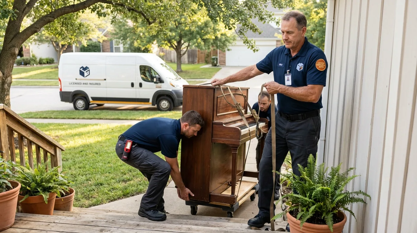 Licensed piano movers securing grand piano in Warrenton, GA