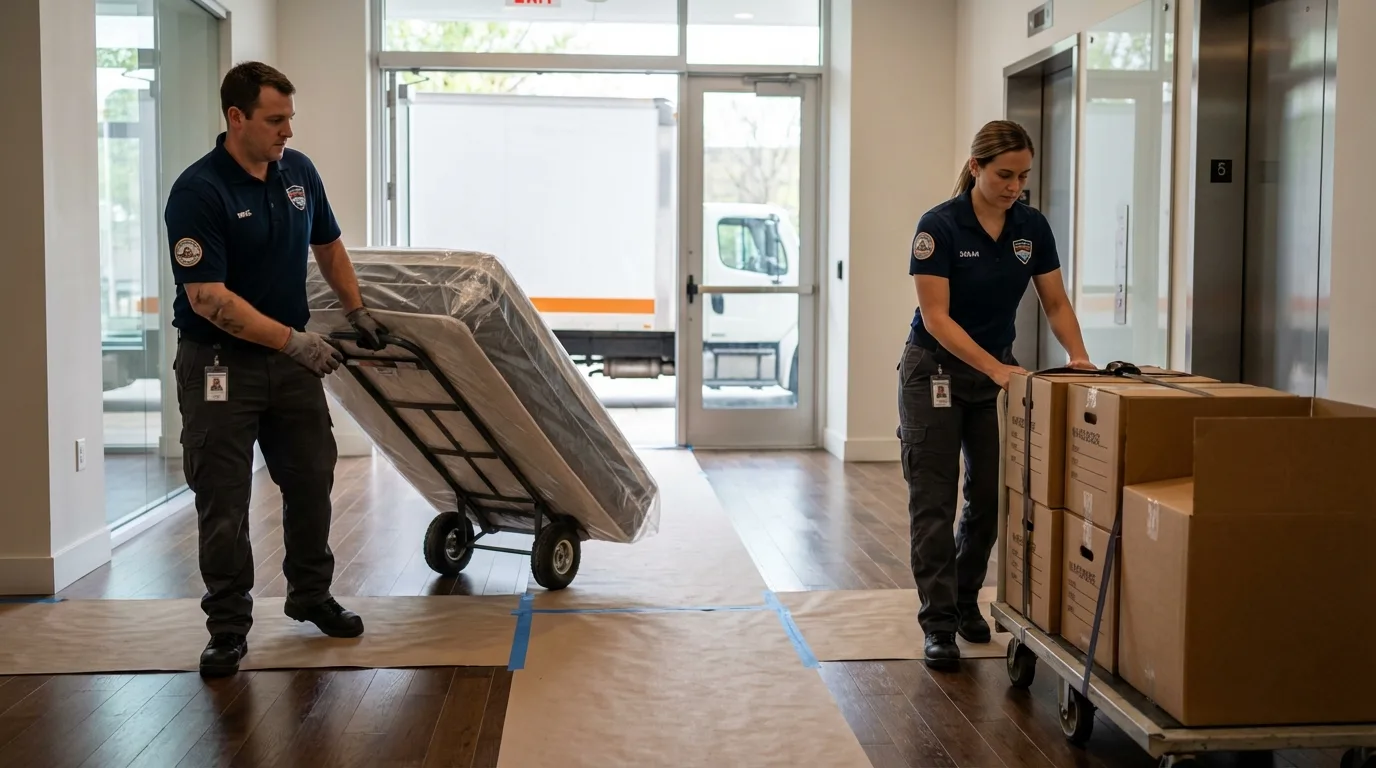 Professional apartment movers loading elevator in Warrenton, GA