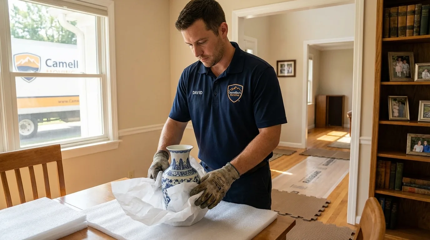 Professional crew carefully wrapping antique vase for senior downsizing move in Warrenton, GA